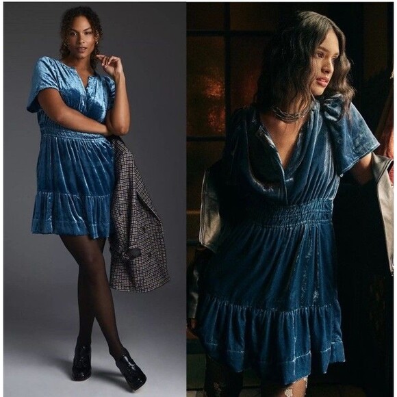 By Anthropologie The Somerset Mini Dress Velvet Edition Blue Motif MP Flirty - Picture 1 of 9